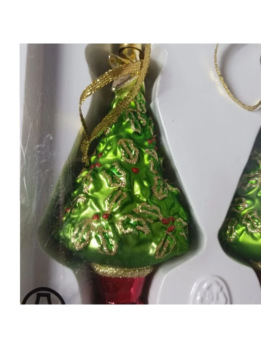 Ikea Set Of 2  Christmas Tree Ornaments With Gold Holly Pattern & Red Base